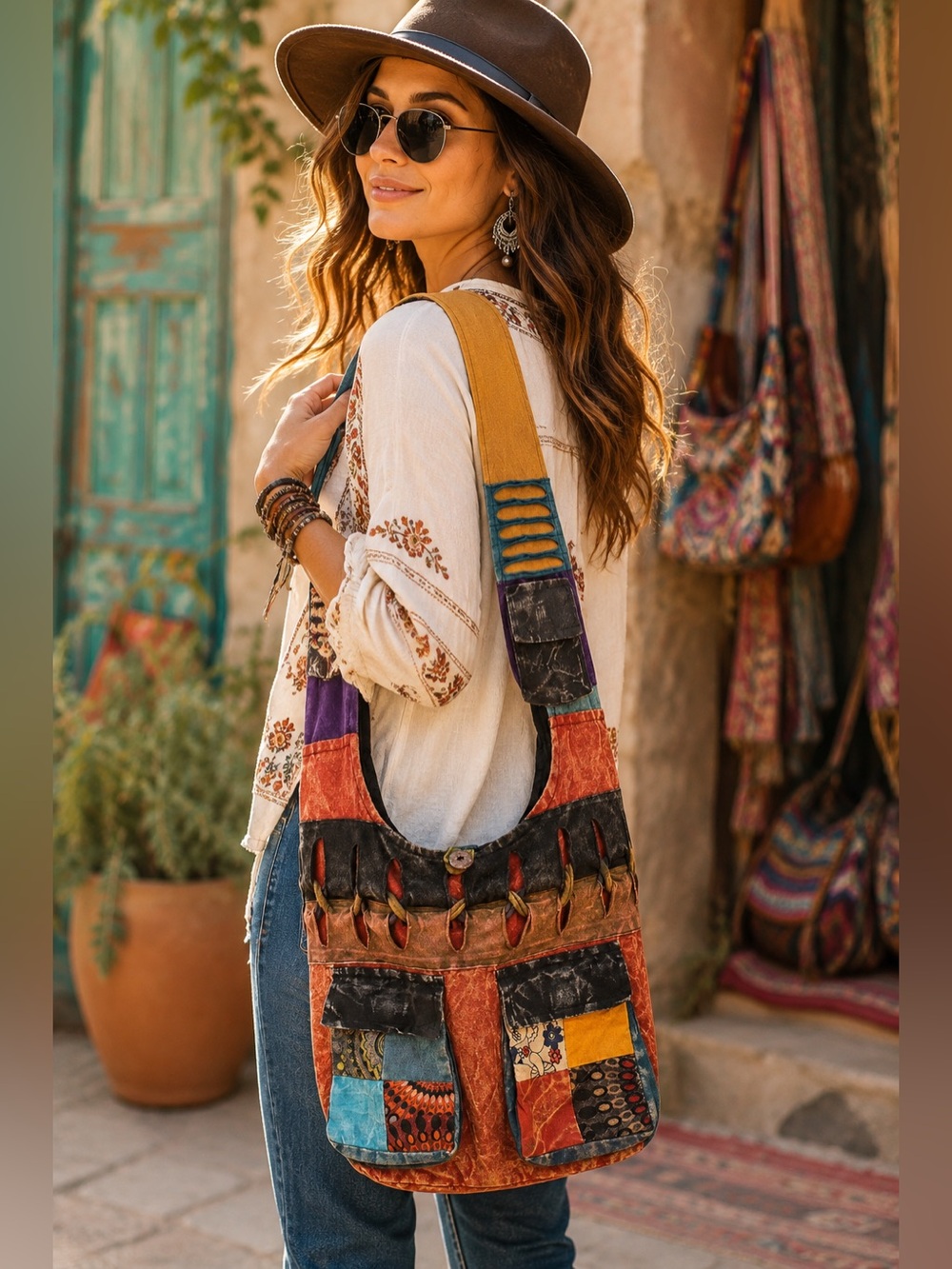 Boho Patchwork Crossbody Bag Cotton Nepal Hippie Festival Artisan Multicolor